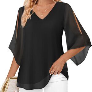 Womens Ruffle 3/4 Sleeve V Neck Double Layers Chiffon Blouses Dressy Tops